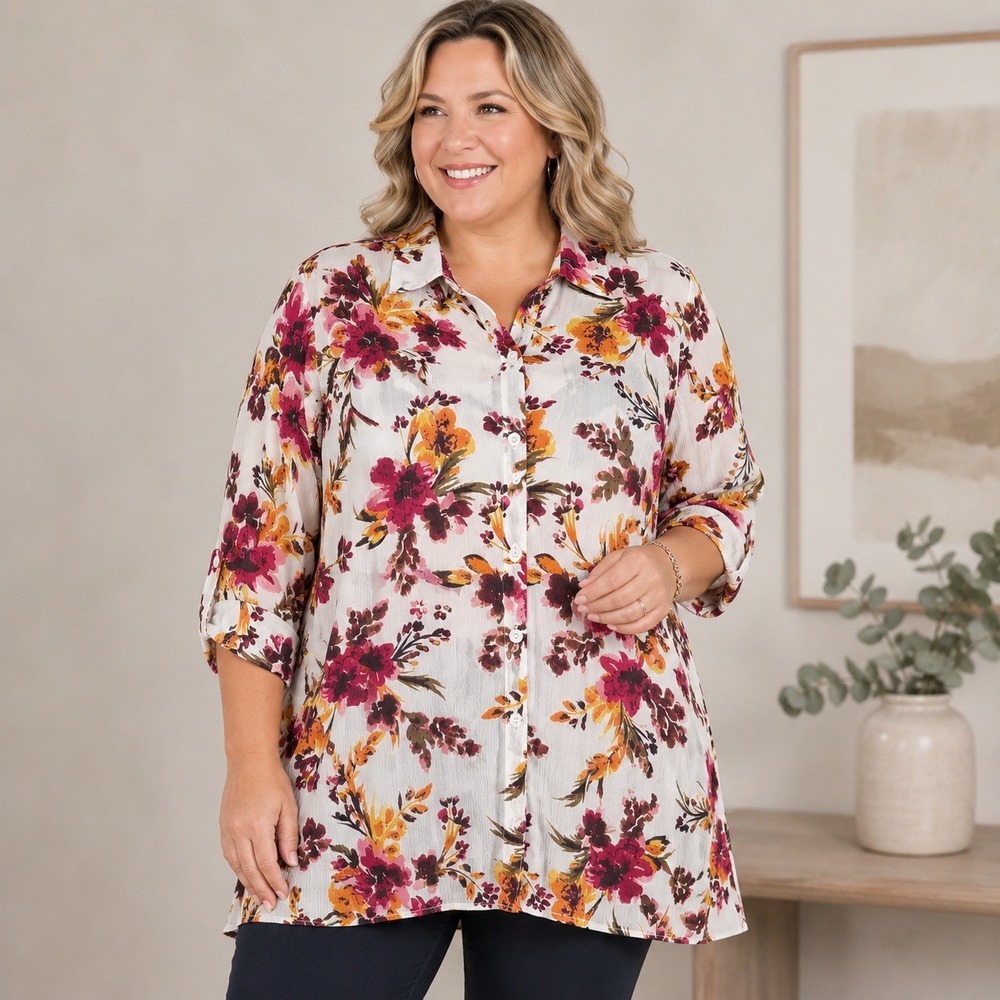 Roaman's 20W Floral Tunic Top Button Front Roll Tab Sleeve Plus Size Blouse